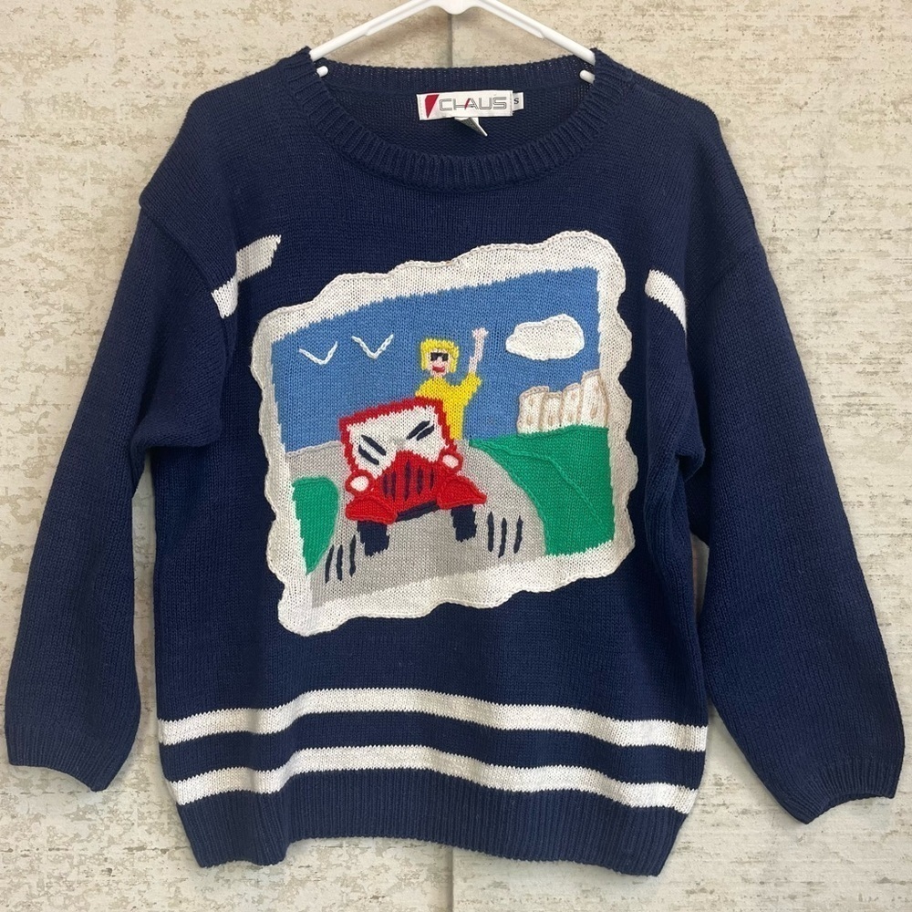 Vintage Chaus 80s Novelty Knit Sweater Sz S Graphic Girl in Jeep Oversized Boho